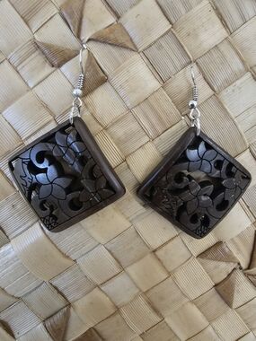 Carved Floral Coconut Wood Plumeria Earrings - Dark Brown 2 Pieces
